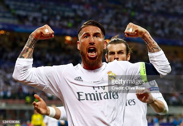 Sergio Ramos of Real Madrid celebrates after scoiring the opening goal during the UEFA Champions League Final match between Real Madrid and Club...