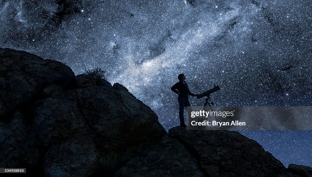 Man Stargazing in Desert