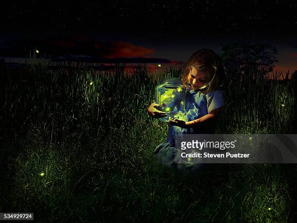 girl holding jar of fireflies - glowworm stock pictures, royalty-free photos & images