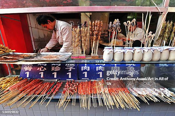 China, Beijing, chef at counter holding skewered scorpion and insects over display cabinet