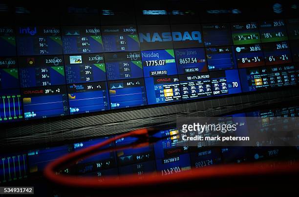 The NASDAQ composite screens, located in a Whitehall Street studio, display up-to-date gains and losses. | Location: Financial District, Lower...