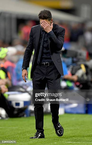 Coach of Club Atletico de Madrid Diego Simeone looks dejected during the UEFA Champions League Final match between Real Madrid and Club Atletico de...