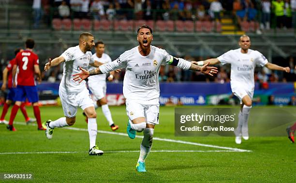 Sergio Ramos of Real Madrid celebrates after scoiring the opening goal during the UEFA Champions League Final match between Real Madrid and Club...