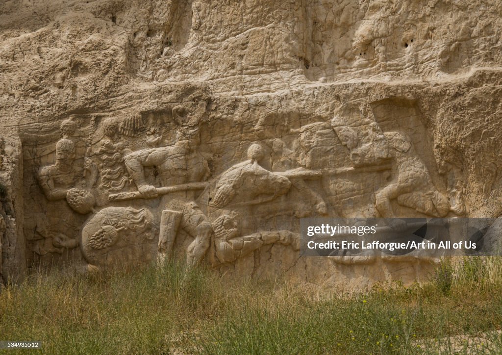 Iran, Fars Province, Shiraz, equestrian victory of hormizd ii over king papak of armenia at naqsh-e rustam