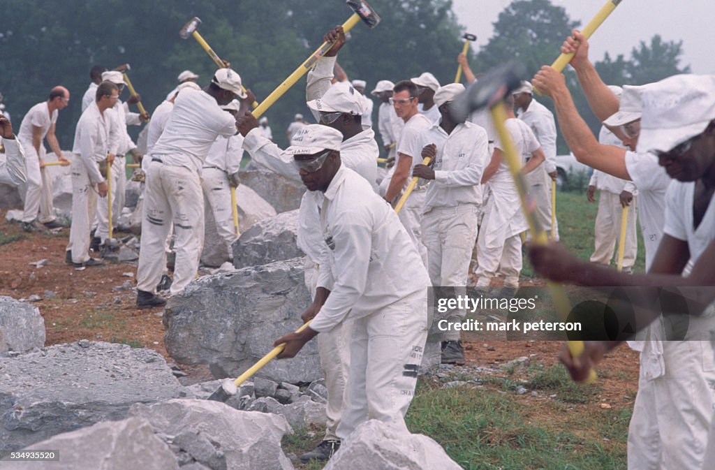 Prrisoner Breaking Rocks Inmates From The Limestone Correctional Facility On A Chain Gang. The ...