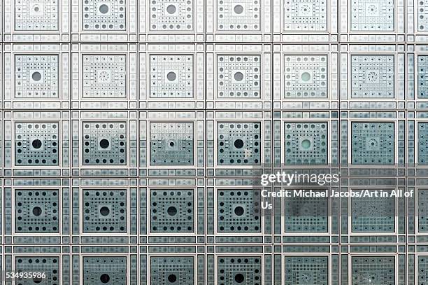 France, Paris, Detail of the facade of l'institut du monde Araba designed by architect Jean Nouvel