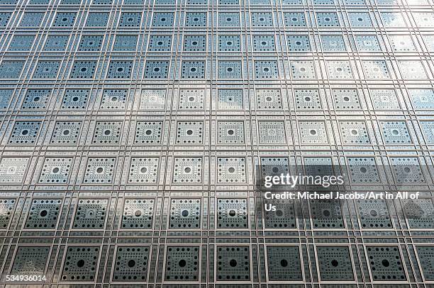 France, Paris, Detail of the facade of l'institut du monde Araba designed by architect Jean Nouvel