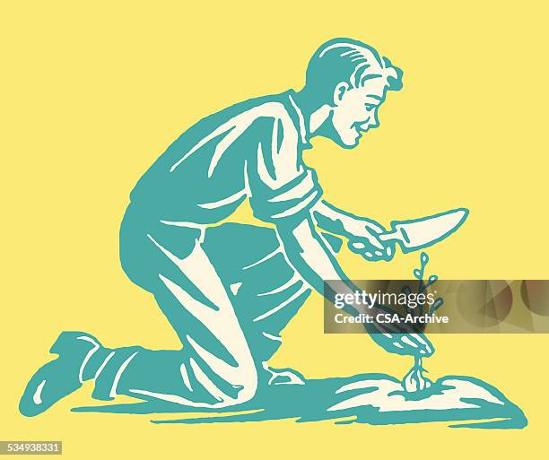 boy planting a tree - trowel stock illustrations
