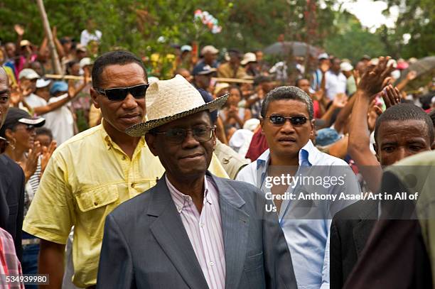 Ex-President Albert Zafy arriving at peaceful demonstration at Villa Elisabeth, house of ex-Malagasy president Albert Zafy, protesting against...