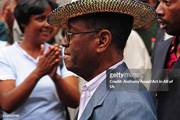 Ex-President Albert Zafy arriving at peaceful demonstration at Villa Elisabeth, house of ex Malagasy president Albert Zafy, against current...