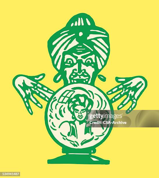 fortune teller sees a genie in crystal ball - fortune teller stock illustrations
