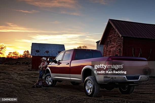 rancher with his truck - archive farms stock-fotos und bilder