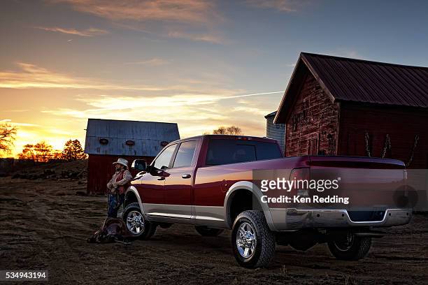 rancher with his truck - ranch stockfoto's en -beelden