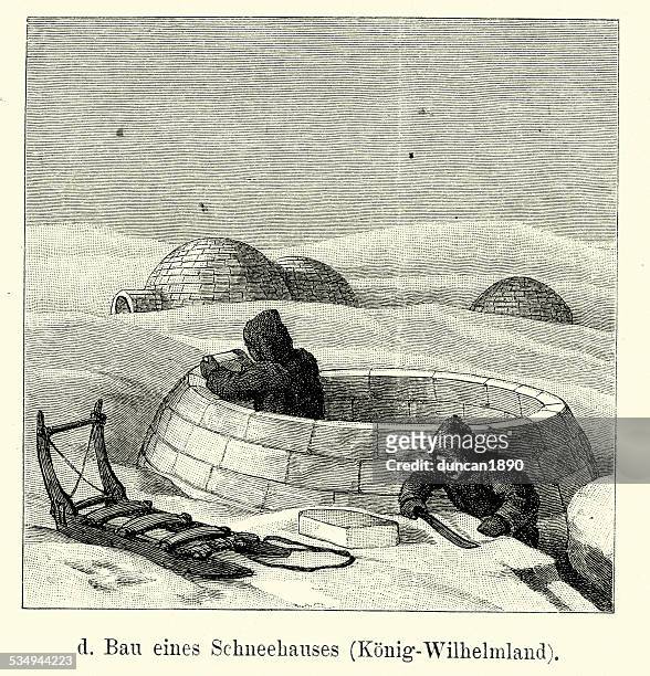 19th century construction of a igloo - igloo stock illustrations