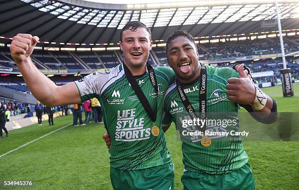 Edinburgh , United Kingdom - 28 May 2016; Connacht's Robbie Henshaw, left, and Bundee Aki celebrate following their side's victory in the Guinness...