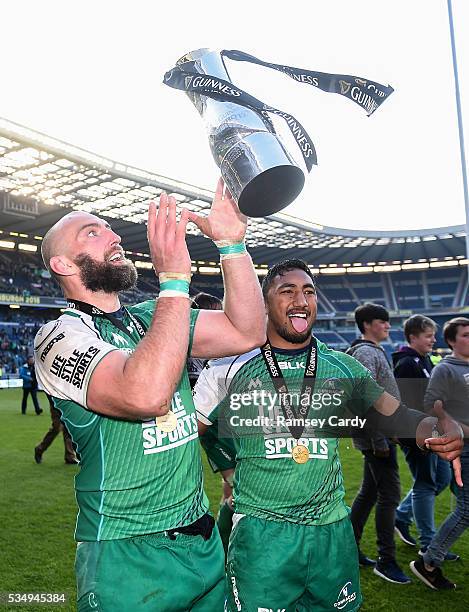 Edinburgh , United Kingdom - 28 May 2016; Connacht's John Muldoon, left, and Bundee Aki celebrate following their side's victory in the Guinness...