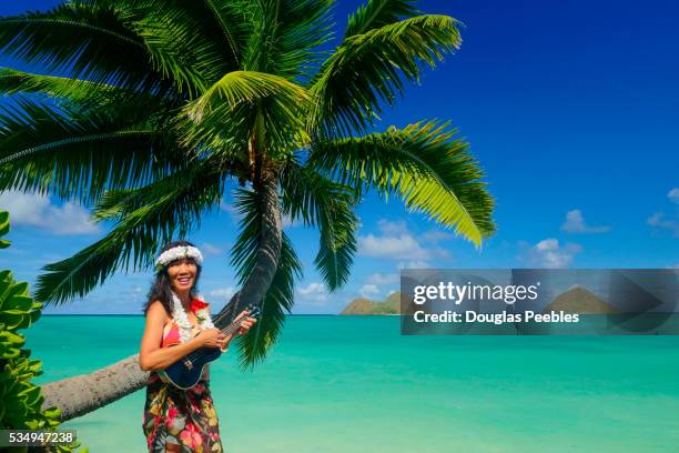 woman playing ukulele, mokulua islands, lanikai, kailua, oahu, hawaii - lei day hawaii stock-fotos und bilder