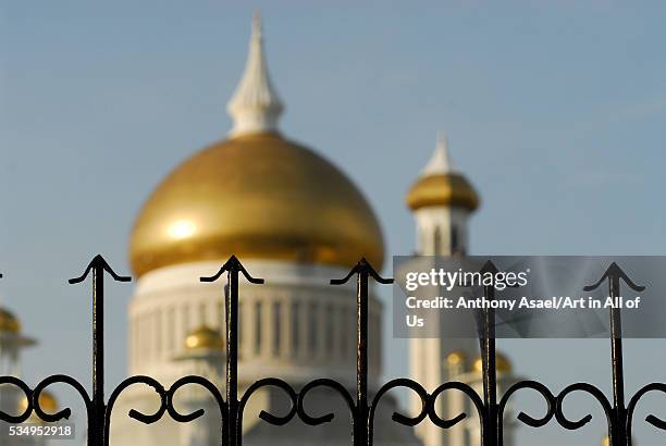 Brunei Darussalam, Bandar Seri Begawan, metal fence protecting Sultan Omar Ali Saifuddin Mosque in Bandar Seri Begawan with its golden dome