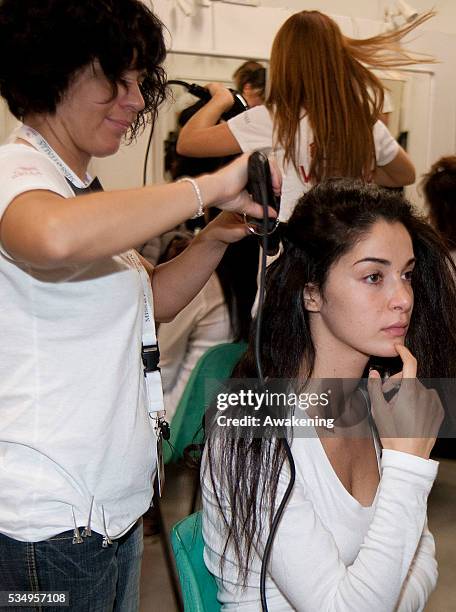 Model is prepared backstage at the Miss Italia show during Miss Italia on October 26; 2013 in Jesolo; Italy.