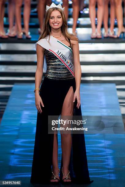 Massimo Ghini, Cesare Bocci, Patrizia Mirigliani and Newly elected 19-year-old Giulia Arena is crowned with the title of Miss Italia 2013 during the...