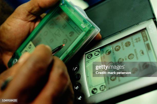 Person Using Two Personal Digital Assistants