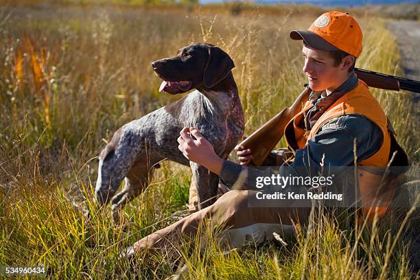 hunter with german shorthaired pointer - german shorthaired pointer stock pictures, royalty-free photos & images