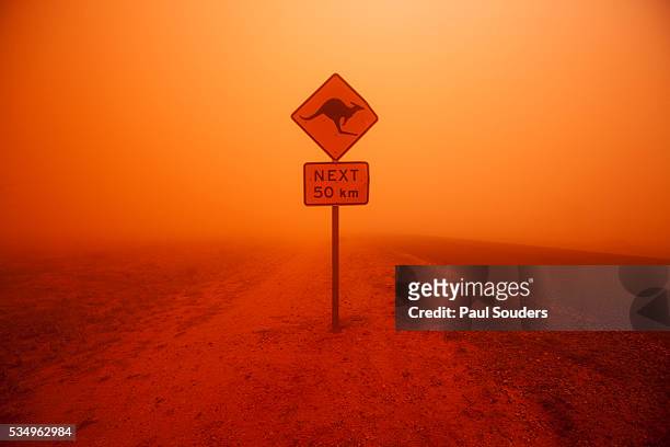 Kangaroo crossing sign in dust storm in the Australian Outback