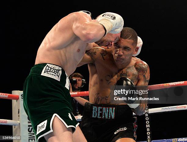 Conor Benn and Luke Keleher during an undercard bout ahead of the WBA world super-lightweight title fight between Ricky Burns and Michele Di Rocco at...