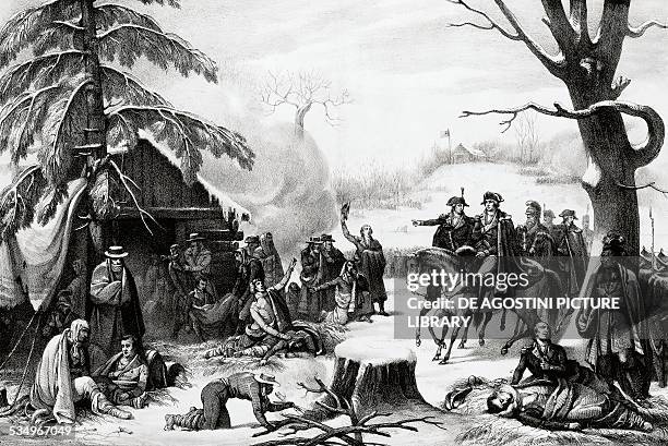 Generals Washington and Lafayette visiting the wounded in Valley Forge American Revolutionary War, United States of America, 18th century.