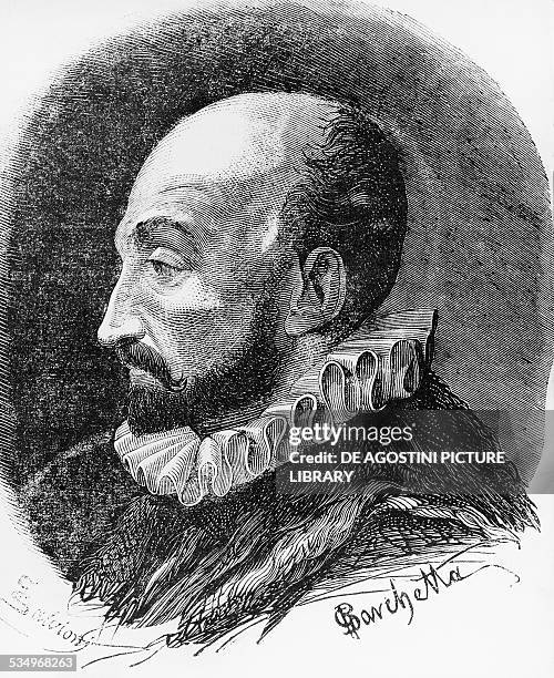 Portrait of Giovanni Battista della Porta , Italian philosopher, alchemist and playwright, drawing by G. Barchetta, engraving by Giuseppe Salvioni....