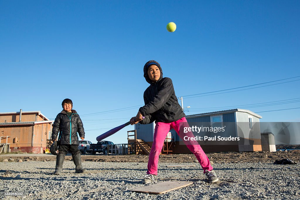 Childrenâ€™s Softball Game, Whale Cove, Hudson Bay, Nunavut, Canada