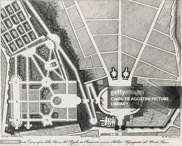 Topographic map of the Piazza del Popolo in Rome with new public walk on Monte Pincio, engraving by Giovanni Battista Cipriani . Italy, 18th century....