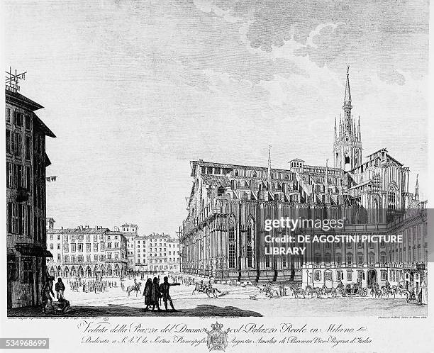 Piazza del Duomo and Palazzo Reale in Milan, Francesco Bellemo, engraving, 1808. Italy, 19th century.