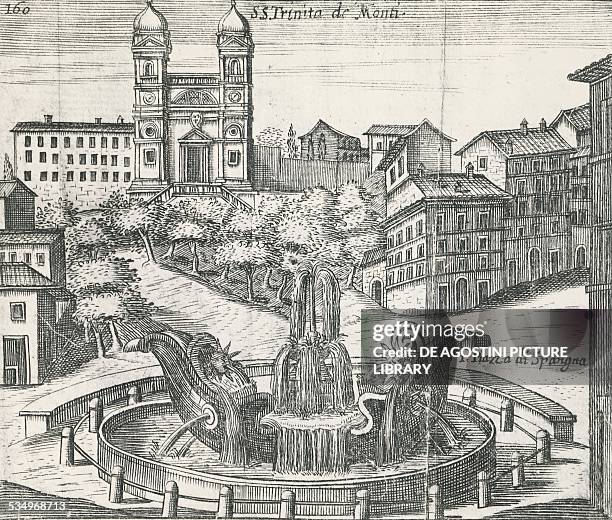 Piazza di Spagna and the Church of Trinita dei Monti in Rome, engraving. Italy, 17th century. Rome, Istituto Nazionale per la Grafica, Gabinetto...