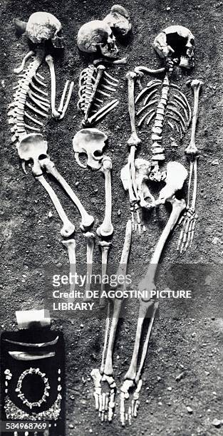 Triple burial with Cro-Magnon type skeletons, reconstructed in 1955, from the Barma Grande in the Caves of the Balzi Rossi, near Ventimiglia,...