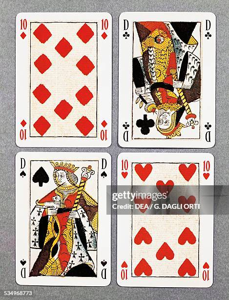 Ten of hearts, queen of spades, queen of clubs and ten of diamonds, French playing cards. France, 17th century.