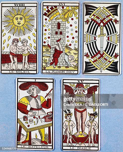 The Sun, the House of God , the Nine of Swords, the Magician and the Devil, French Tarot cards. France, 17th century.