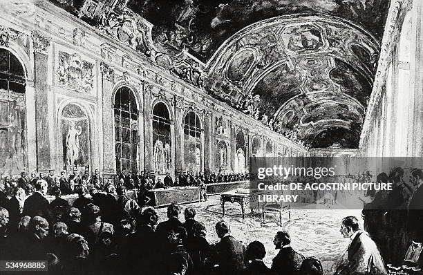 Signing of the peace treaty at the end of World War I in the Hall of Mirrors at Versailles, June 28 engraving. France, 20th century.