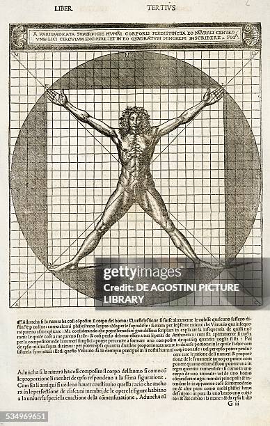 Vitruvian man, human figure inscribed in the square and circle, drawing from De architectura by Vitruvius, published by Cesare Cesariano Como....