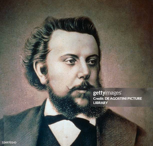 Portrait of the Russian composer Modest Mussorgsky , by Ilya Repin .