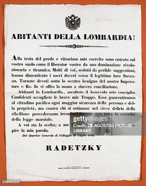 Field Marshal Radetzky's proclamation to the inhabitants of Lombardy following the Austrian army's victory in Custoza, July 27, 1848. War of...
