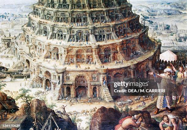 The Tower of Babel by Marten van Valkenborch , painting, 75x105 cm. Belgium, 16th century. Detail. Dresda, Gemäldegalerie Alte Meister