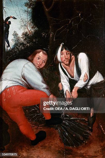 Two peasants tying branches, by Pieter Bruegel the Elder , oil on panel. Belgium, 16th century. Prague, Národní Galeri V Praze