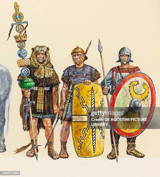 Soldiers of ancient Rome, from left: standard of Mario, soldier of Augustus, soldier of Constantine; illustration. Roman civilisation, 1st century...