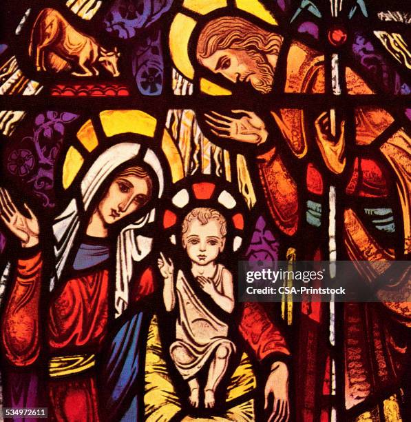 jesus, mary, and joseph - jesus stained glass stock illustrations
