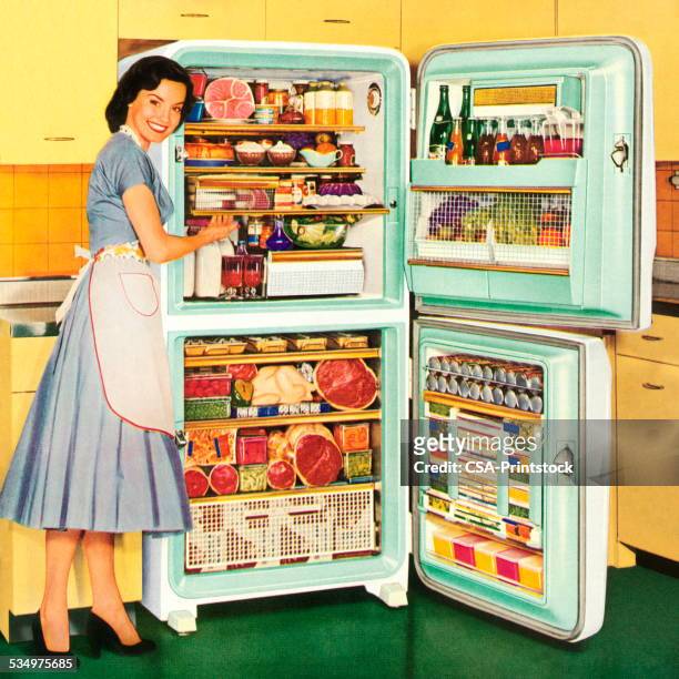 stockillustraties, clipart, cartoons en iconen met homemaker showing a full refrigerator - fridge full of food