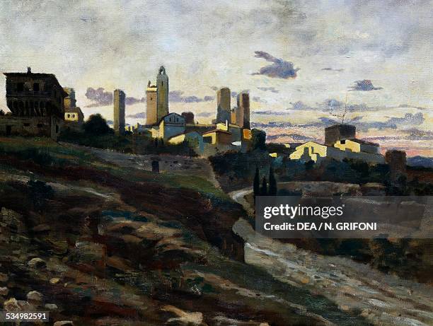 San Gimignano, 1862-1863, by Stanislao Pointeau , oil on canvas, 47x60 cm. Italy, 19th century.