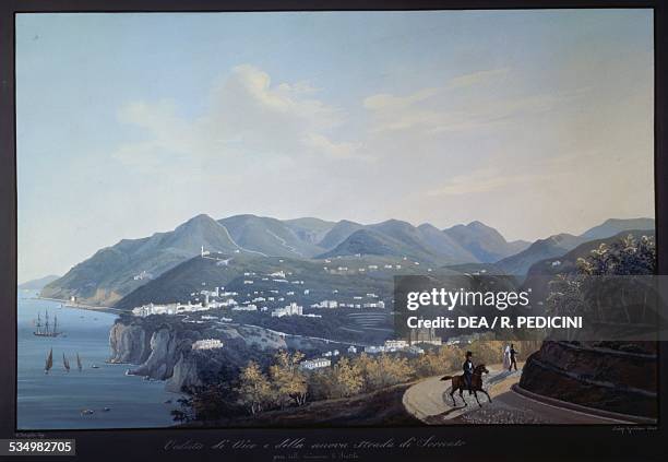 Vico Equense and the new road to Sorrento, by Francesco Fergola , tempera, 42x66 cm. Italy, 19th century.