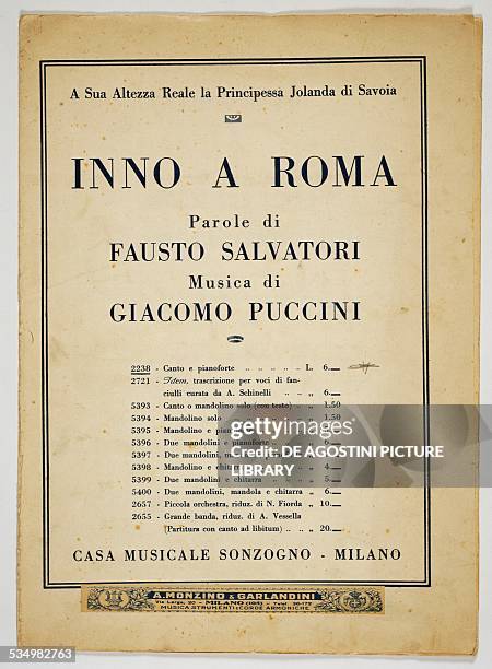 Sheet music for the song Hymn to Rome, lyrics by Fausto Salvatori, music by Giacomo Puccini, 1919. Italy, 20th century.