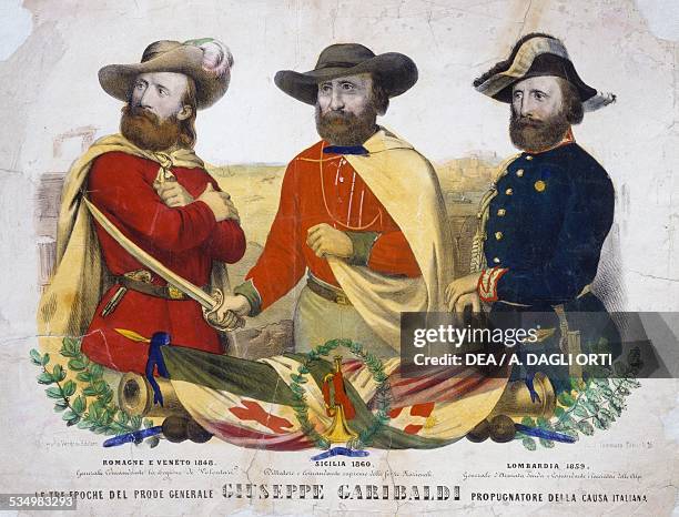 The three eras of the great general Giuseppe Garibaldi, champion of the Italian cause , colour print. Italy, 19th century. Bologna, Museo Civico Del...